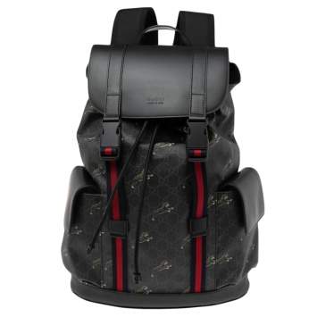 Pre Owned Gucci Black/Grey GG Supreme Canvas And Leather Bestiary Drawstring Backpack