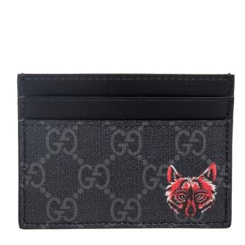 Pre Owned Gucci Black/Grey GG Supreme Canvas and Leather Wolf Printed Card Case