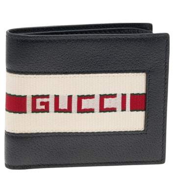 Pre Owned Gucci Black Leather Stripe Logo Bifold Wallet