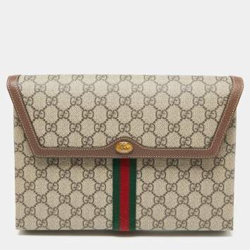 Pre Owned Gucci Beige/Brown GG Supreme Canvas and Leather Ophidia Pouch