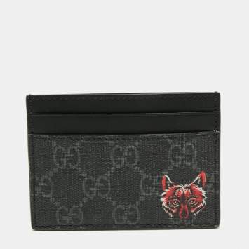 Pre Owned Gucci Grey/Black GG Supreme Canvas and Leather Wolf Card Holder