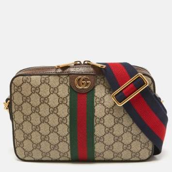 Pre Owned Gucci Beige/Brown GG Supreme Canvas and Leather Ophidia Shoulder Bag