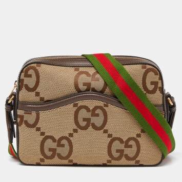 Pre Owned Gucci Beige/Brown Jumbo GG Canvas and Leather Mesenger Bag