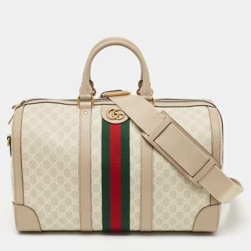 Pre Owned Gucci Beige/Off White GG Supreme Canvas Medium Web Savoy Duffle Bag