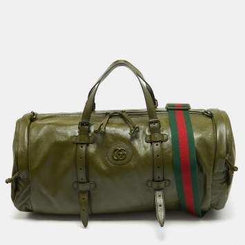 Pre Owned Gucci Green Leather Large Tonal Double G Duffle Bag