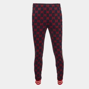 Pre Owned Gucci Navy Blue/Red GG Web Jacquard Knit Joggers S