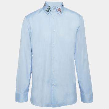 Pre Owned Gucci Blue Embroidered Cotton Buttoned Up Shirt XXL