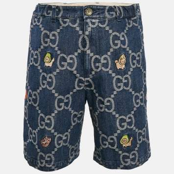 Pre Owned Gucci Blue Jumbo GG Supreme Denim Embroidered Shorts M