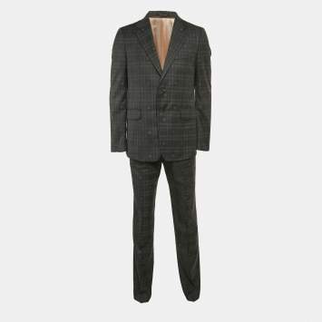 Pre Owned Gucci Grey Bee Flannel Wool Single Breasted Pants Suit L