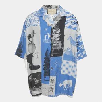 Pre Owned Gucci Blue Patchwork Silk Short Sleeve Shirt L