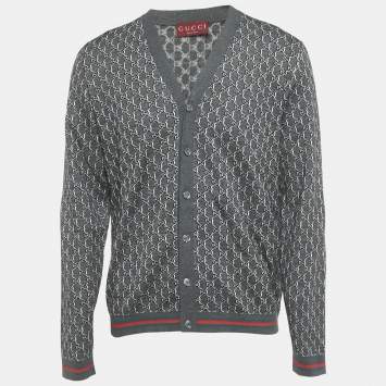 Pre Owned Gucci Grey /Black GG Intarsia Wool Blend Cardigan M