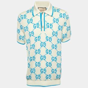 مملوكة مسبقًا تي شيرت بولو غوتشي قطن ناعم أبيض GG مقاس متوسط