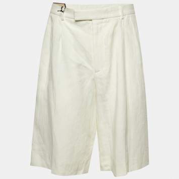 Pre Owned Gucci Ivory Linen Pleated Shorts M/Waist 33"