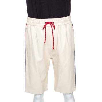 Pre Owned Gucci Cream Leather Stripe Detail Drawstring Waist Shorts M