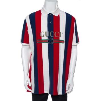 Pre Owned Gucci Tri Color Cotton Stripe Logo Baiadera Polo T-Shirt XL