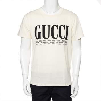 Pre Owned Gucci Cream Logo Cities Printed Cotton Crewneck T-Shirt S