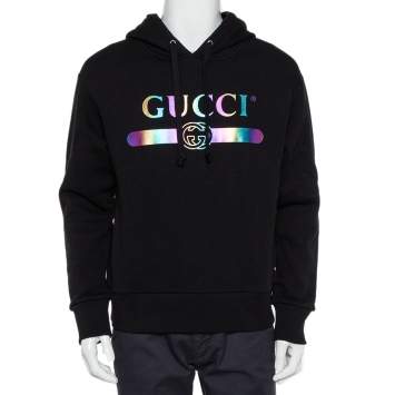 Pre Owned Gucci Black Logo Print Cotton Hooded Sweatshirt XS