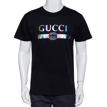 Pre Owned Gucci Black Logo Printed Cotton Oversized Crewneck T-Shirt XS
