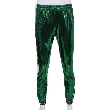 Pre Owned Gucci Green Lamé Side Strip Detail Oversized Joggers XS