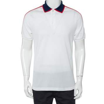 Pre Owned Gucci White Honeycomb Knit Logo Detail Contrast Trim Polo T-Shirt L