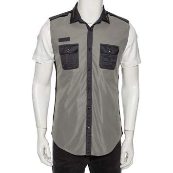 Pre Owned Gucci Tricolor Cotton & Mesh Collar Zip Detail Skinny Fit Short Sleeve Shirt Medium (Eu 40) 
