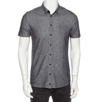Pre Owned Gucci Grey Cotton Pique Shoulder Web Stripe Detail Short Sleeve Shirt M 