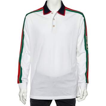 Pre Owned Gucci White Cotton Pique Logo Web Stripe Detail Long Sleeve Polo T-Shirt XXL