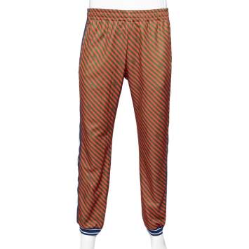 Pre Owned Gucci Red & Green Diagonal Striped Technical Jersey Jogging Pants L
