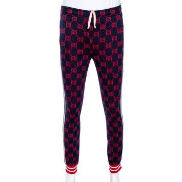 Pre Owned Gucci Blue GG Supreme Jacquard Jersey Web Stripe Trimmed Joggers M
