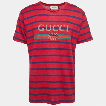 Gucci Red/Blue Striped Logo Print Linen Blend Half Sleeve T-Shirt S