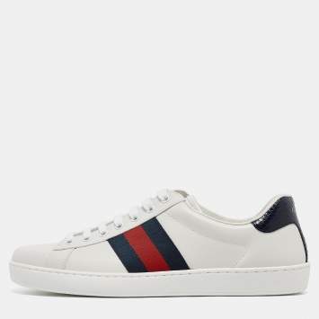 Pre Owned Gucci White Leather Ace Web Low Top Sneakers Size 42.5