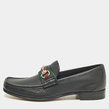 Pre Owned Gucci Black Leather Web Horsebit Loafers Size 40