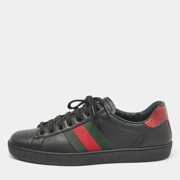 مملوكة مسبقًا Gucci Black Leather and Python Embossed Leather Ace Lace Up Sneakers Size 41.5