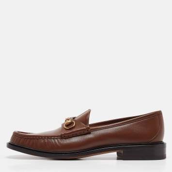 Pre Owned Gucci Brown Leather Horsebit Loafers Size 48