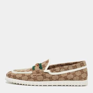 Pre Owned Gucci Beige GG Canvas Horsebit Web Driver Loafers Size 43