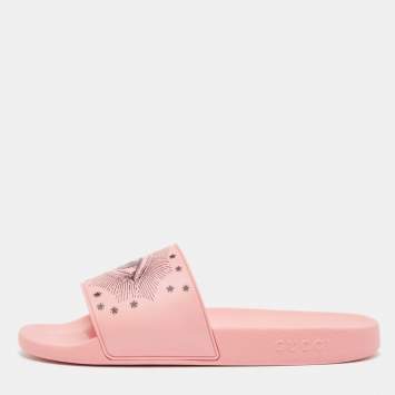 مملوكة مسبقًا Gucci Pink Rubber Garden Pool Slides Size 46