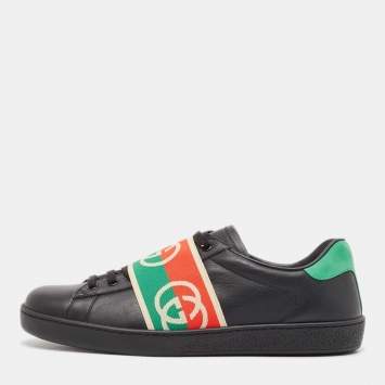 Pre Owned Gucci Black Leather Ace Web Low Top Sneakers Size 42