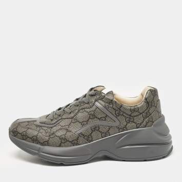 Pre Owned Gucci Grey Canvas and Leather Rhyton Low Top Sneakers Size 41.5