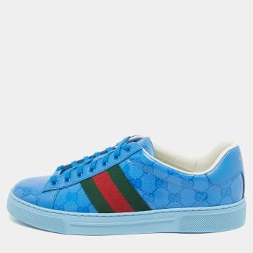 Pre Owned Gucci Blue GG Canvas and Leather Ace Lace Up Sneakers Size 42
