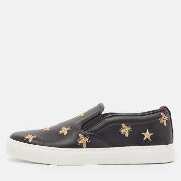 Pre Owned Gucci Black Leather Bees Slip On Sneakers Size 40
