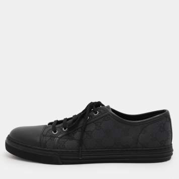 Pre Owned Gucci Black Canvas and Leather Trainers Low Top Sneakers Size 43.5