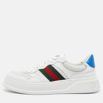 مملوكة مسبقًا Gucci White Leather Web Trainer Low Top Sneakers Size 45