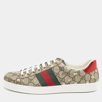 Pre Owned Gucci Beige/Brown GG Supreme Canvas Bee Ace Sneakers Size 43.5