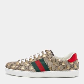 Pre Owned Gucci Beige/Brown GG Supreme Canvas Ace Bee Print Lace Up Sneakers Size 45