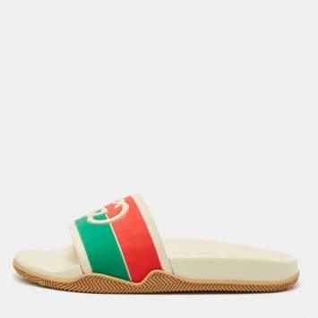 Gucci Multicolor Rubber Web Interlocking G Flat Pool Slides Size 42