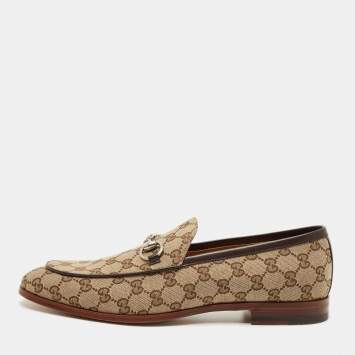 Pre Owned Gucci Beige/Brown GG Canvas Jordaan Horsebit Loafers Size 44
