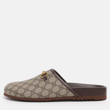 Pre Owned Gucci Beige Coated Canvas Horsebit Slippers Size 46