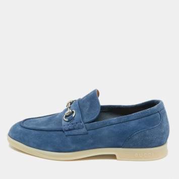 Pre Owned Gucci Blue Suede Horsebit Slip On Loafers Size 42.5