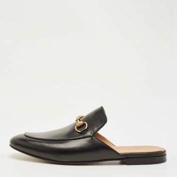 Pre Owned Gucci Black Leather Princetown Flat Mules Size 43.5