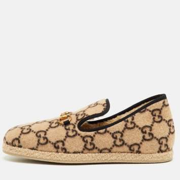 Pre Owned Gucci Fria Horsebit Size 44.5 Beige/Black Wool GG Slip On Loafers